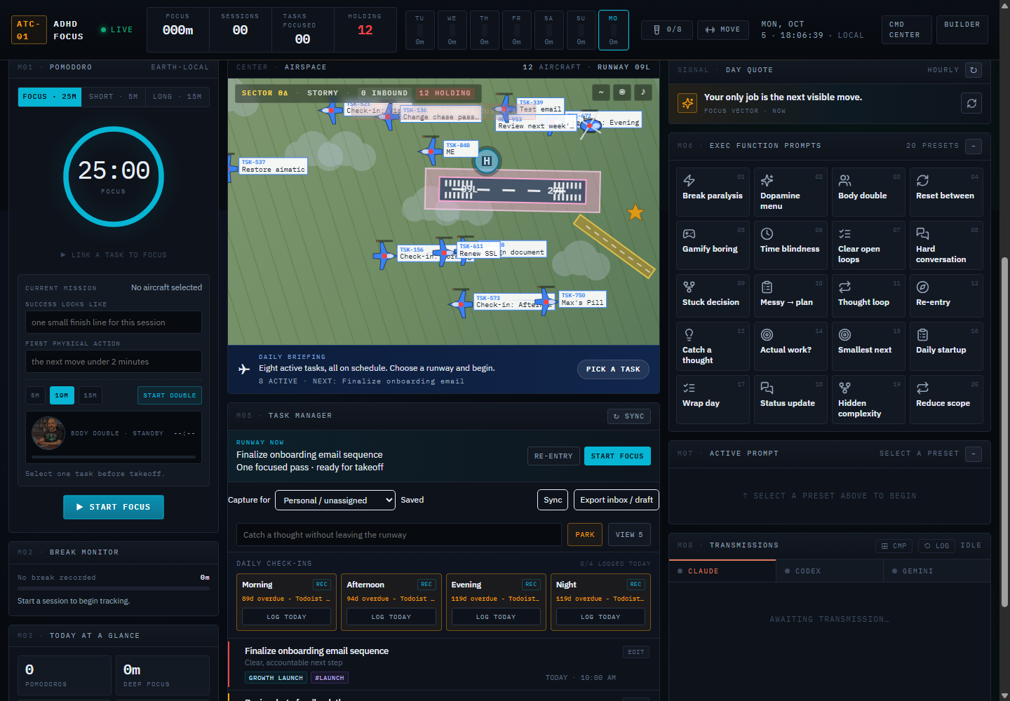 Airspace task manager showing a focus timer, task runway, daily check-ins, active prompts, and AI transmissions.