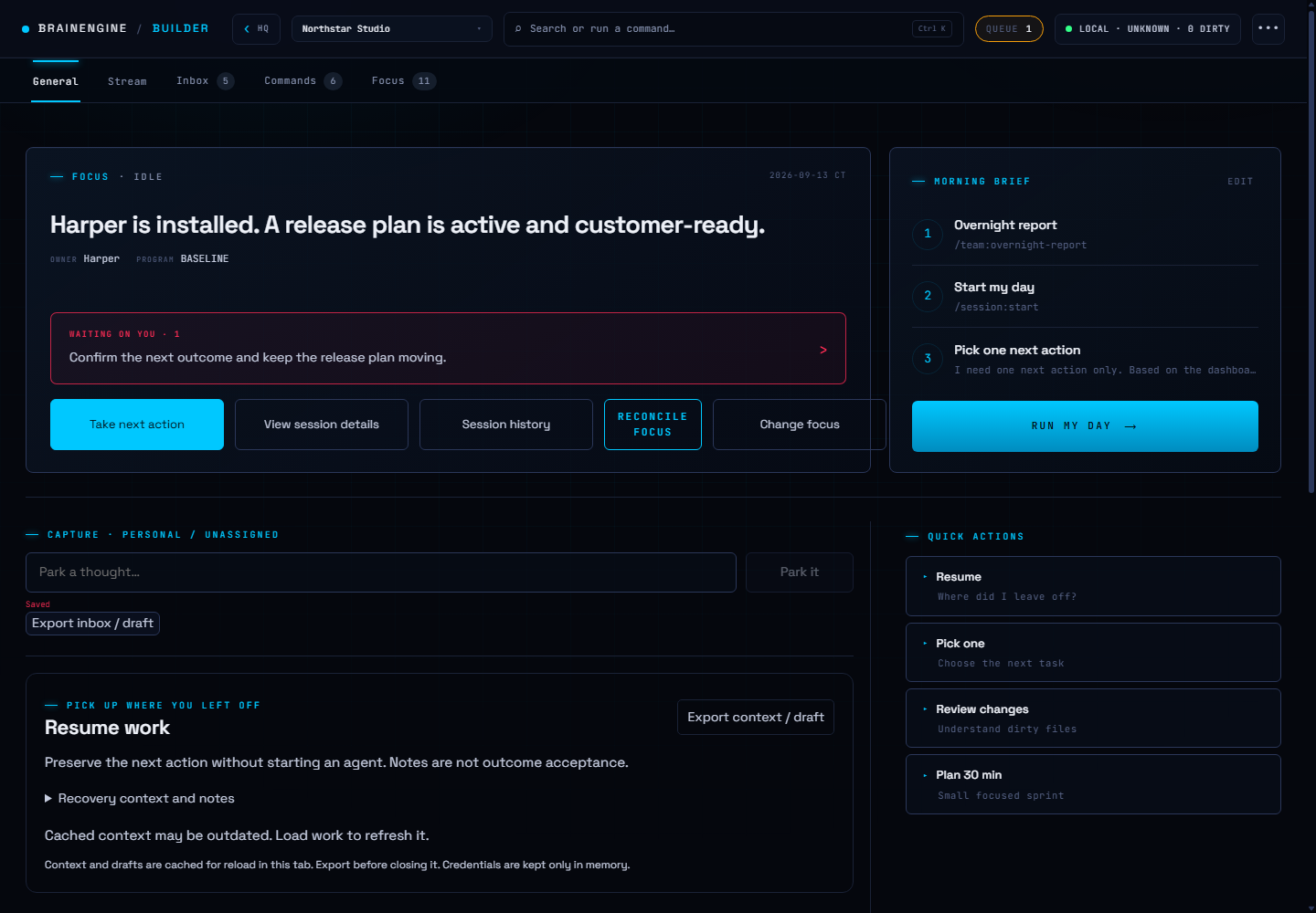 Command Center overview showing connected personal and project work