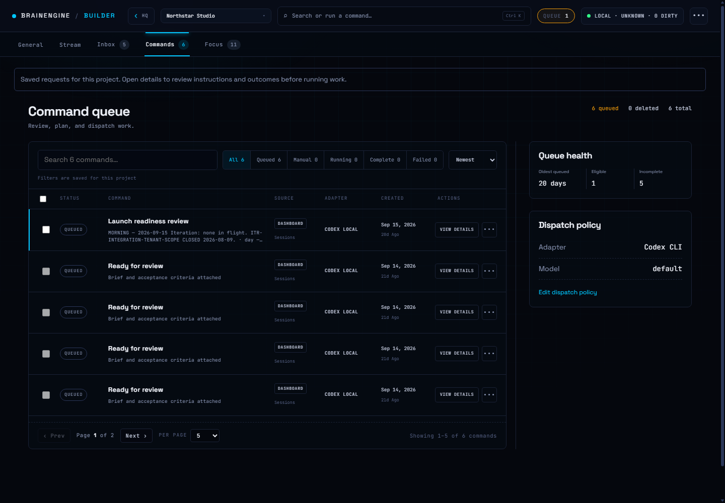 Command queue showing saved requests, their review status, source, adapter, and dispatch policy.