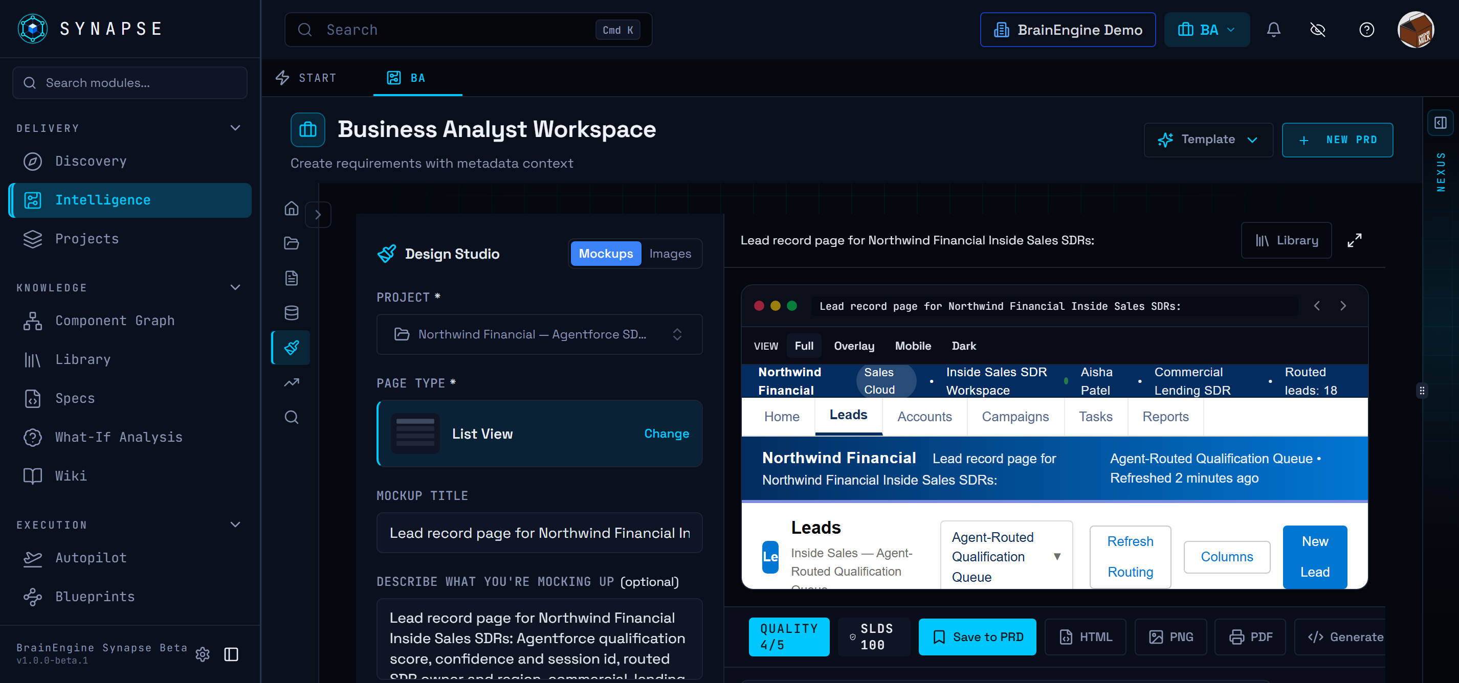 Synapse Business Analyst Workspace showing a design studio for building a Salesforce lead-record mockup from project context.